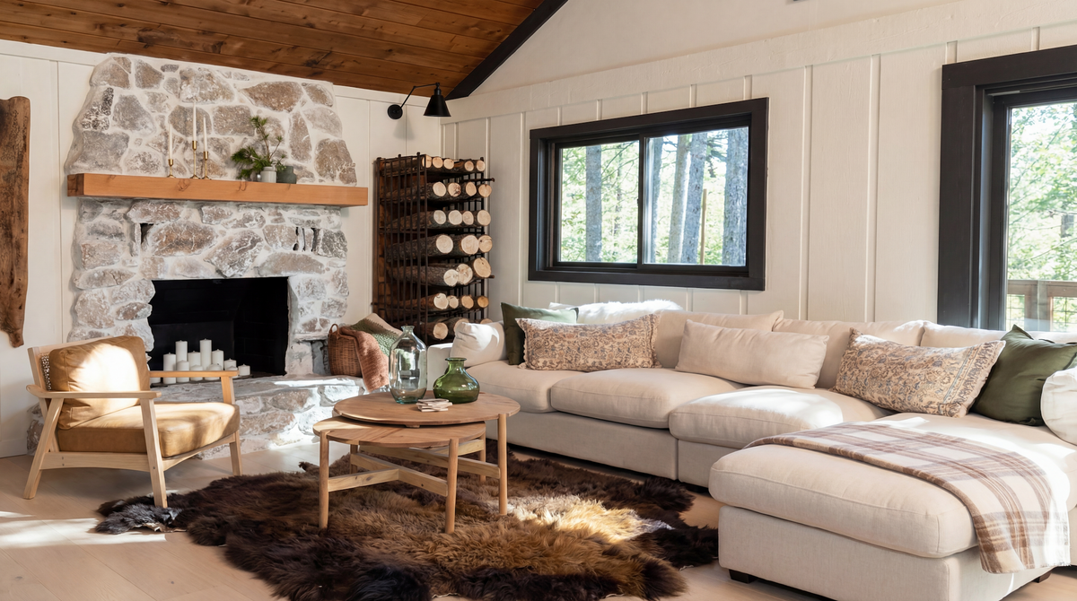 Frontier Select large bison hide rug on a living room floor in front of a fireplace