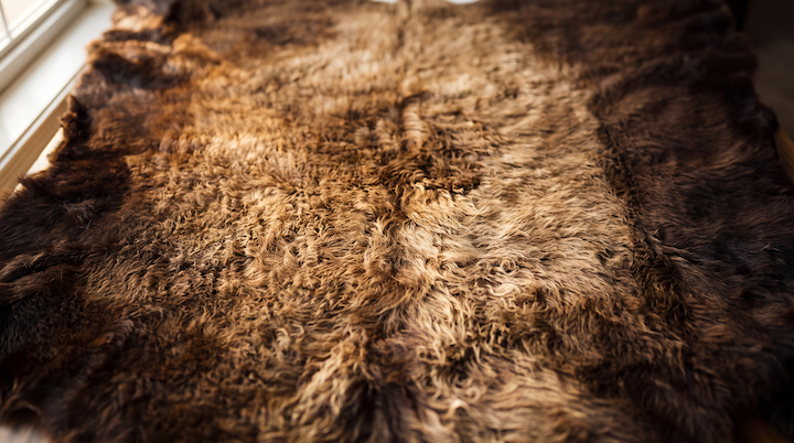 Close-up of American bison hide fur showing the natural ombre from near-black edges to lighter brown along the spine