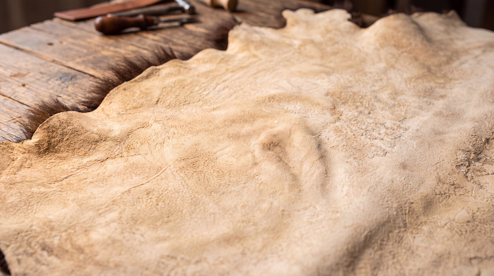 Natural vegetable-tanned suede back of a bison hide, pale cream with untreated texture and dark fur along the edge